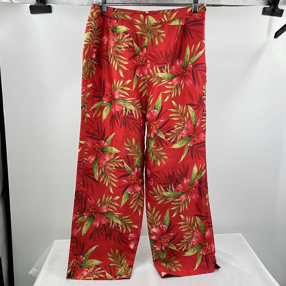 Vintage Silkland 100% Silk Red Tropical Floral Pants Size 10